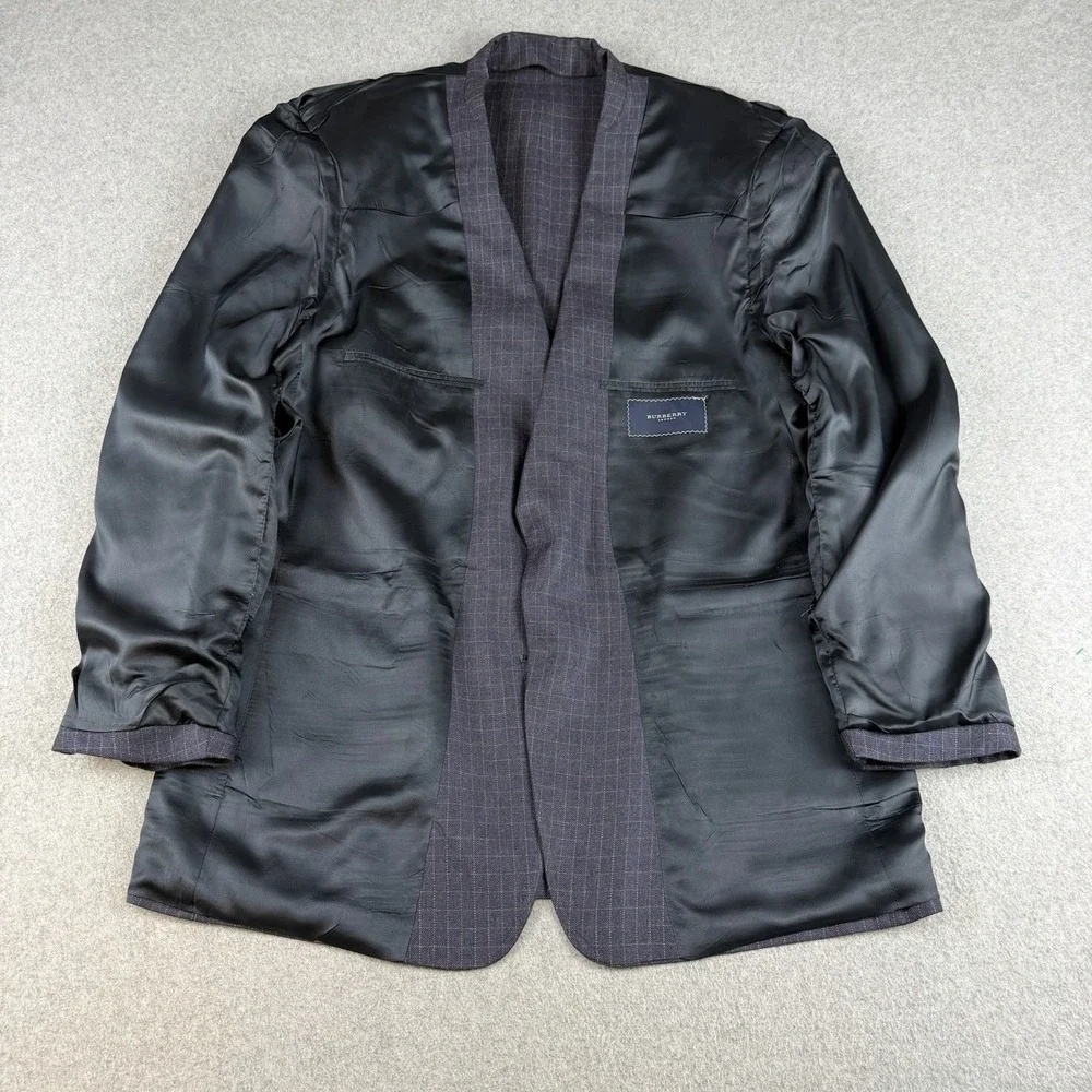 Vintage Burberry London Wool Windowpane Blazer Sport Coat 46R Mens Blue